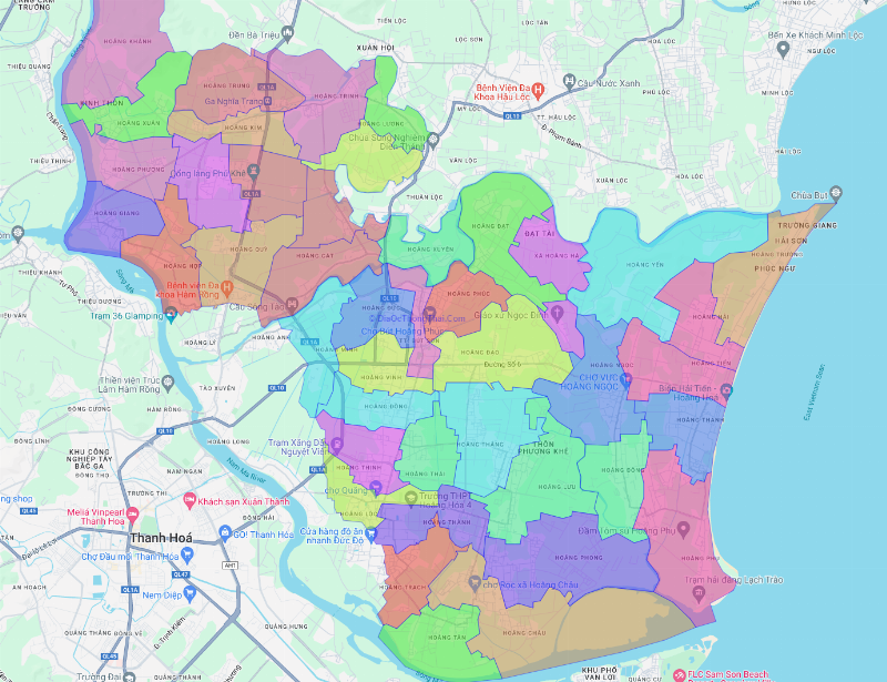 Bản đồ hành chính huyện Hoằng Hóa với các đơn vị xã, thị trấn.