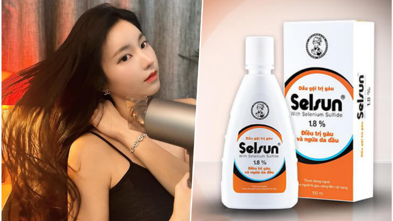 Hình ảnh một phụ nữ đang xem xét các loại dầu gội trị gàu tốt nhất tại cửa hàng, với nhiều lựa chọn đa dạng