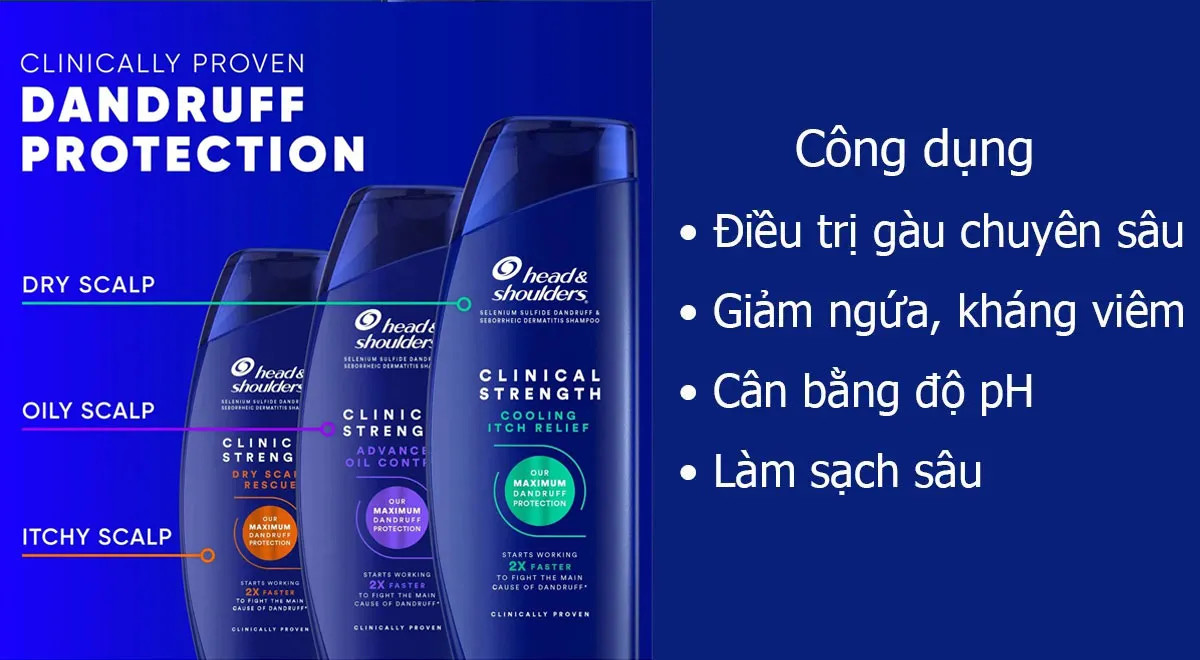 Hình ảnh dầu gội Head &amp; Shoulders Clinical Strength của Mỹ với các công dụng trị gàu vượt trội